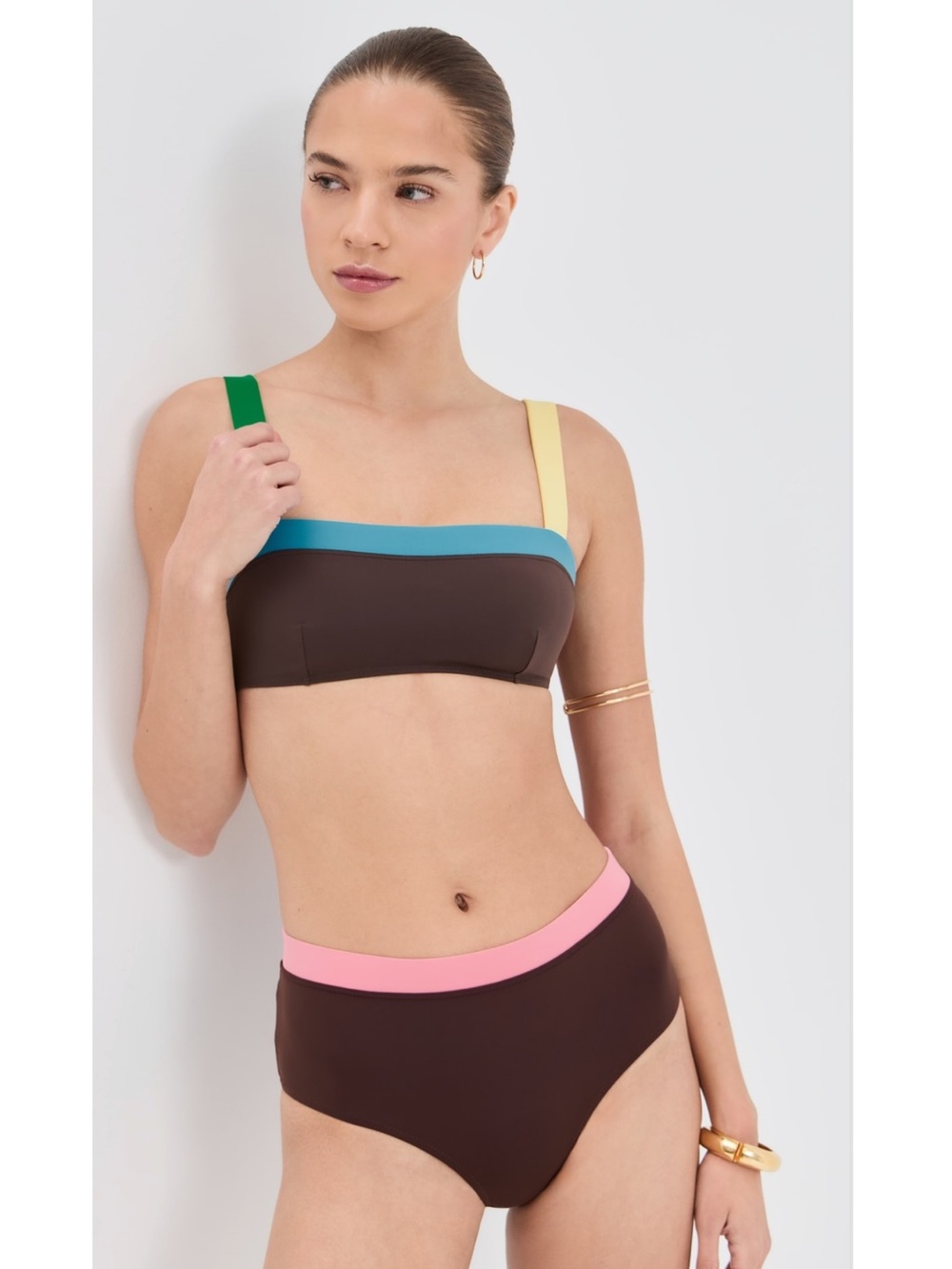 NWT Staud Liv Squareneck Bikini Top in Brown/Colorblock Size M